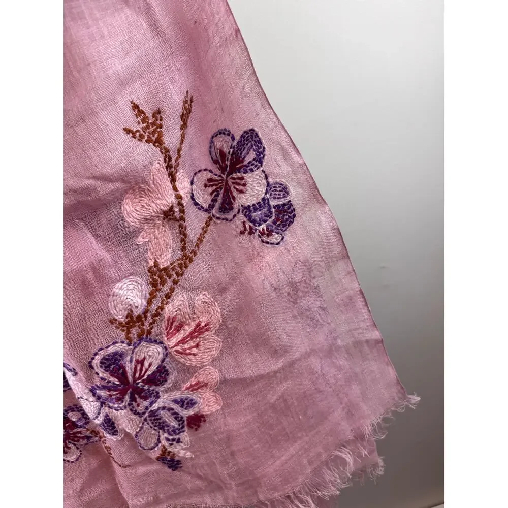 Pink Scarf Linen Embroidered Needle Floral Around Neck Raw Hem Summer Wild Shawl